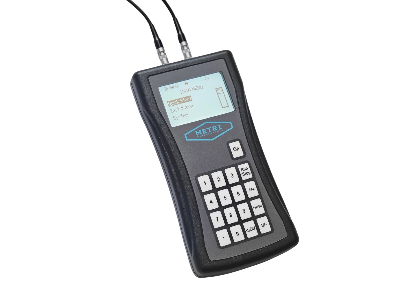 METRI Ultra ProLite portable flow meter showing the main menu on its backlit display