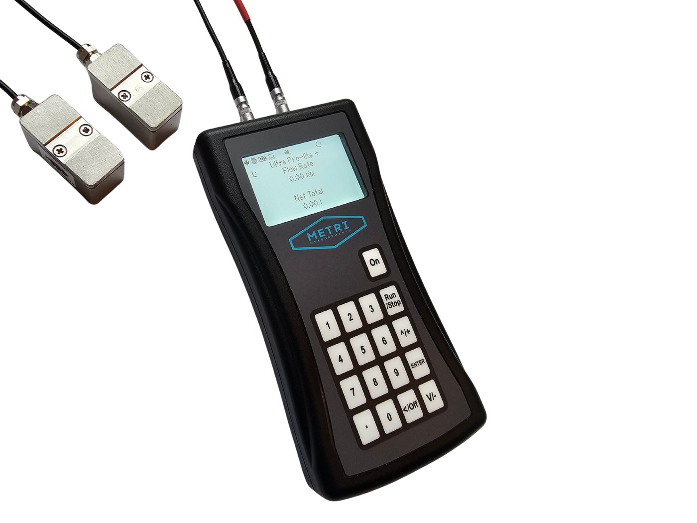 METRI Ultra ProLite clamp-on flow meter shown with its ultrasonic transducer sensors