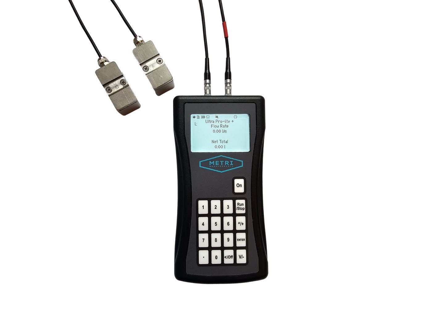 METRI Ultra ProLite portable clamp-on ultrasonic flow meter with two clamp-on transducer sensors