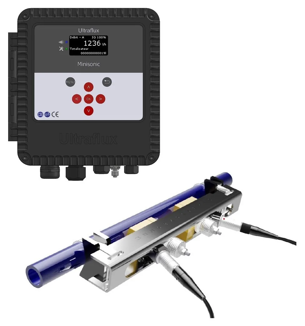 Ultraflux Minisonic II fixed clamp-on ultrasonic flow meter: wall-mount transmitter and rail-mounted transducer pair on a pipe