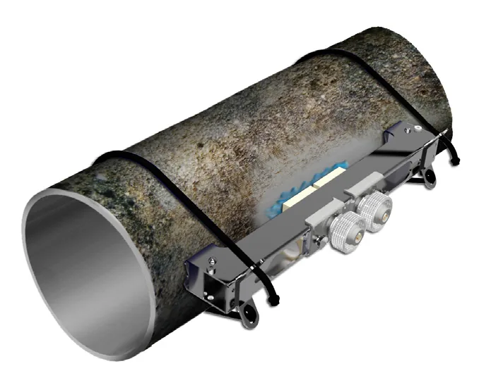 Clamp-on transducer rail mounted on a corroded carbon steel pipe
