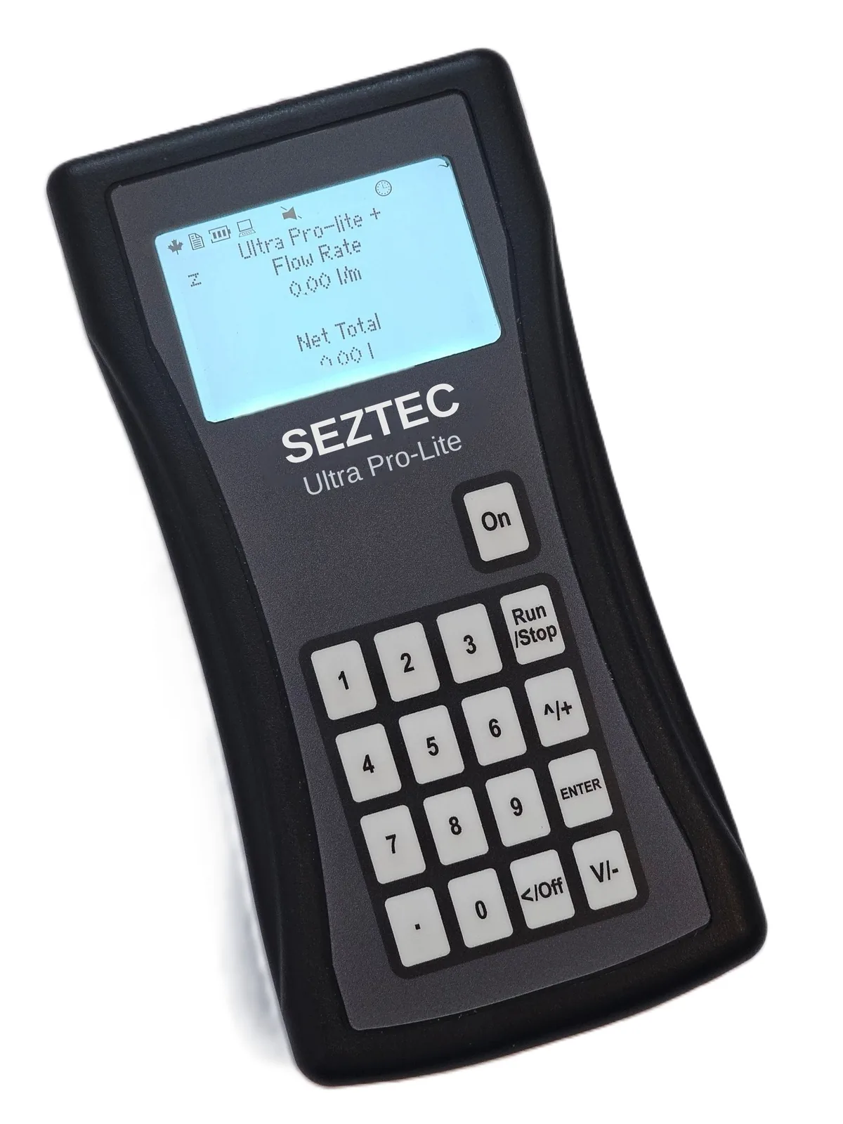 Seztec Ultra Pro-Lite portable flow meter showing flow rate and net total on its backlit display
